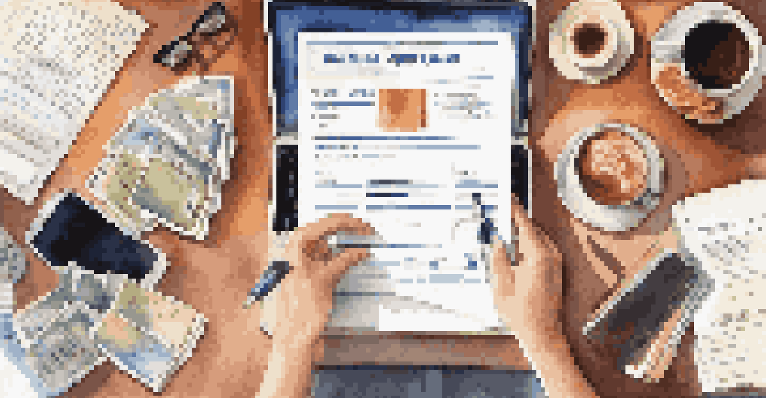 An overhead view of a person completing a travel credit card application on a desk with a laptop and coffee.