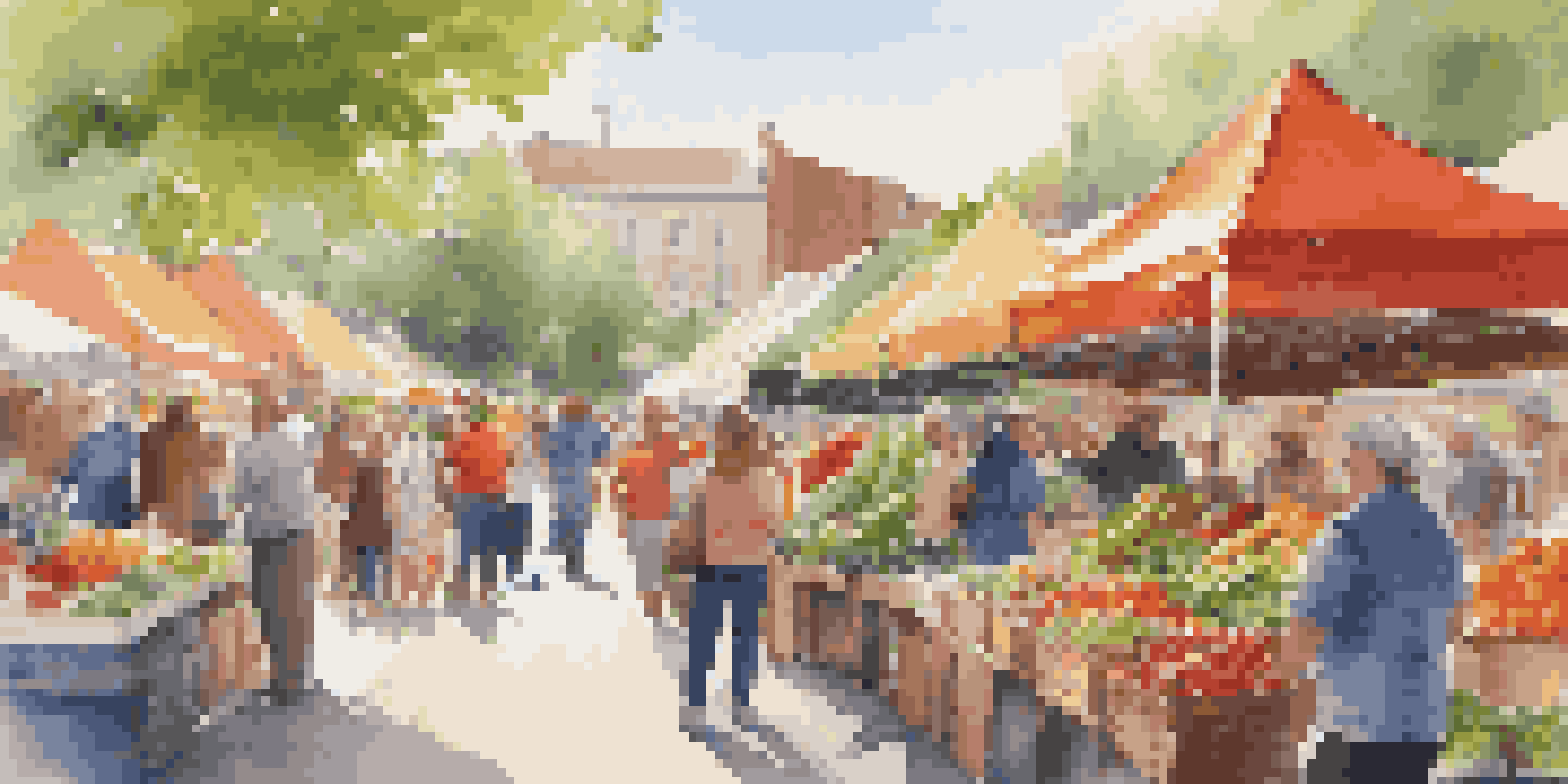 A lively farmers' market with colorful stalls of fresh produce and people sampling food under bright sunlight.