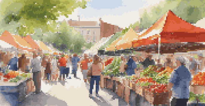 A lively farmers' market with colorful stalls of fresh produce and people sampling food under bright sunlight.