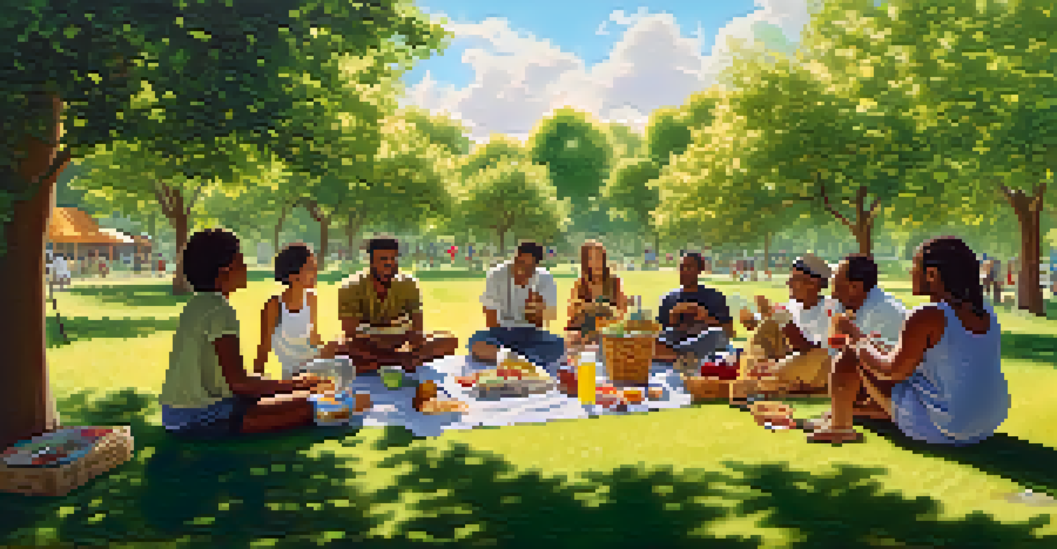 A diverse group of friends having a picnic in a park, sharing food from different cultures and enjoying each other's company.