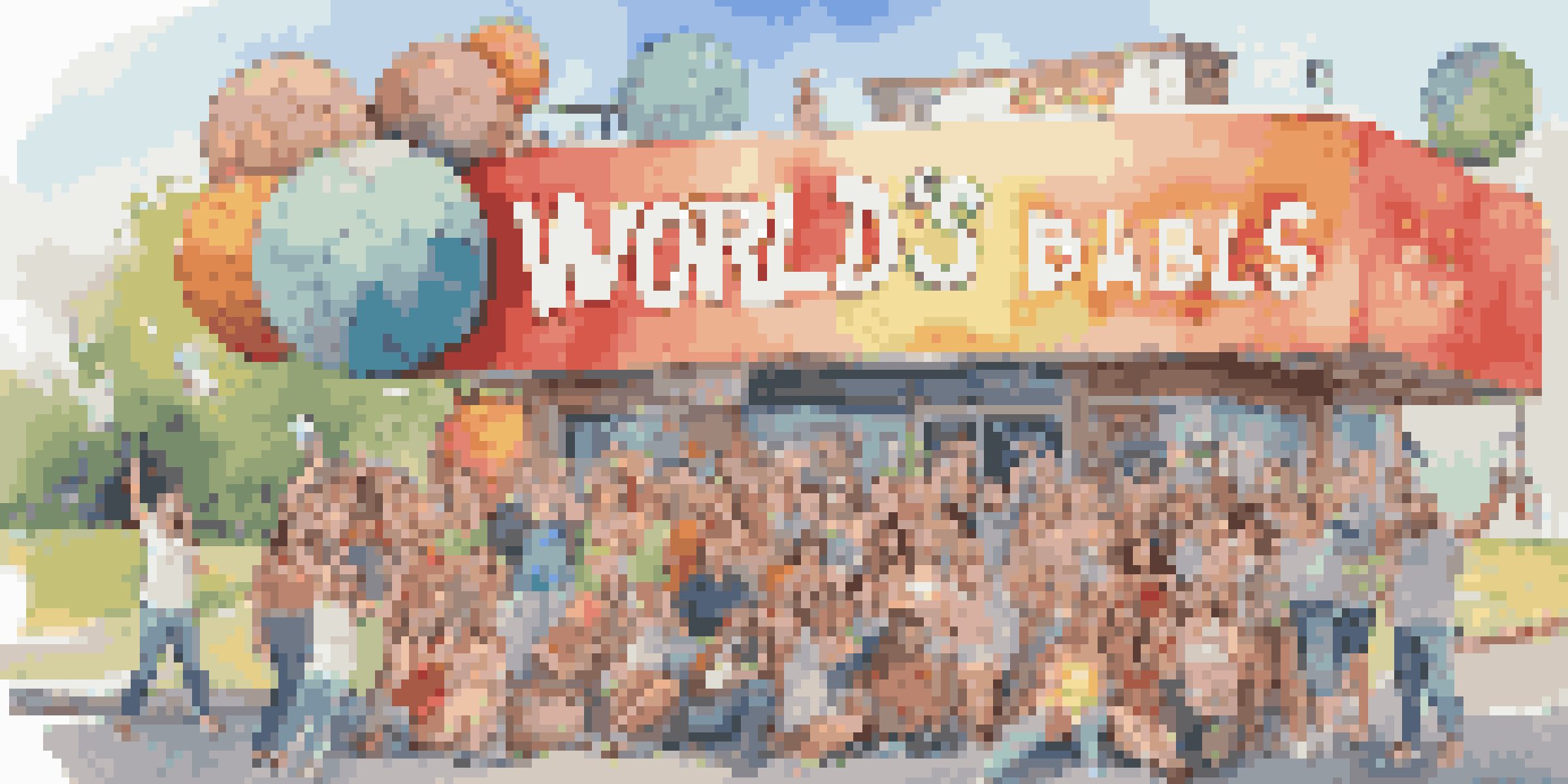 A group of friends taking selfies at a quirky roadside attraction, smiling and having fun.