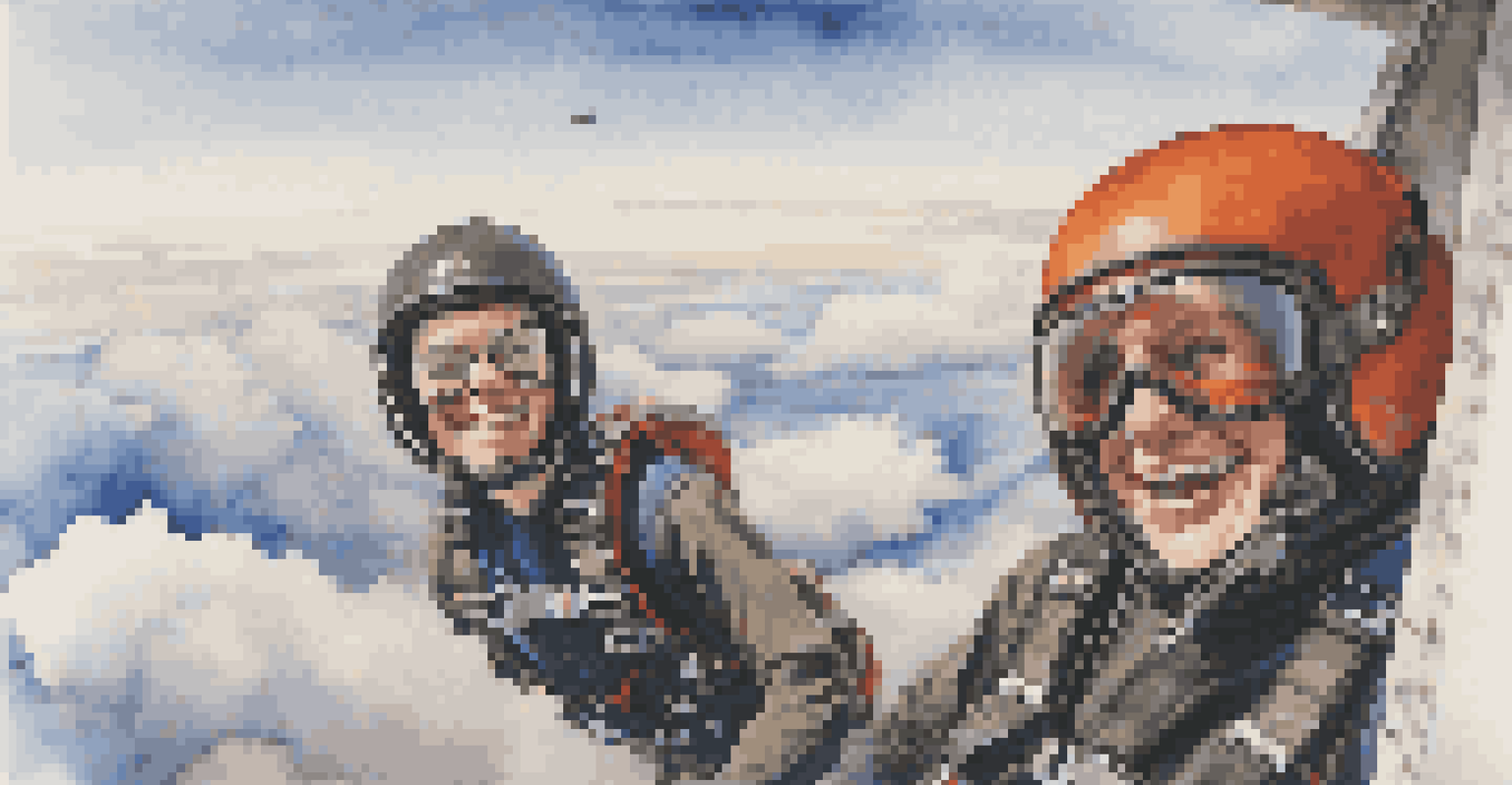 An instructor and a first-time skydiver on the edge of an airplane door, ready to jump, with an expansive view of the landscape below.