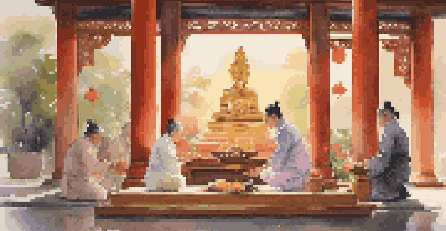 A younger person pouring scented water over the hands of an elder in a tranquil temple during Songkran.