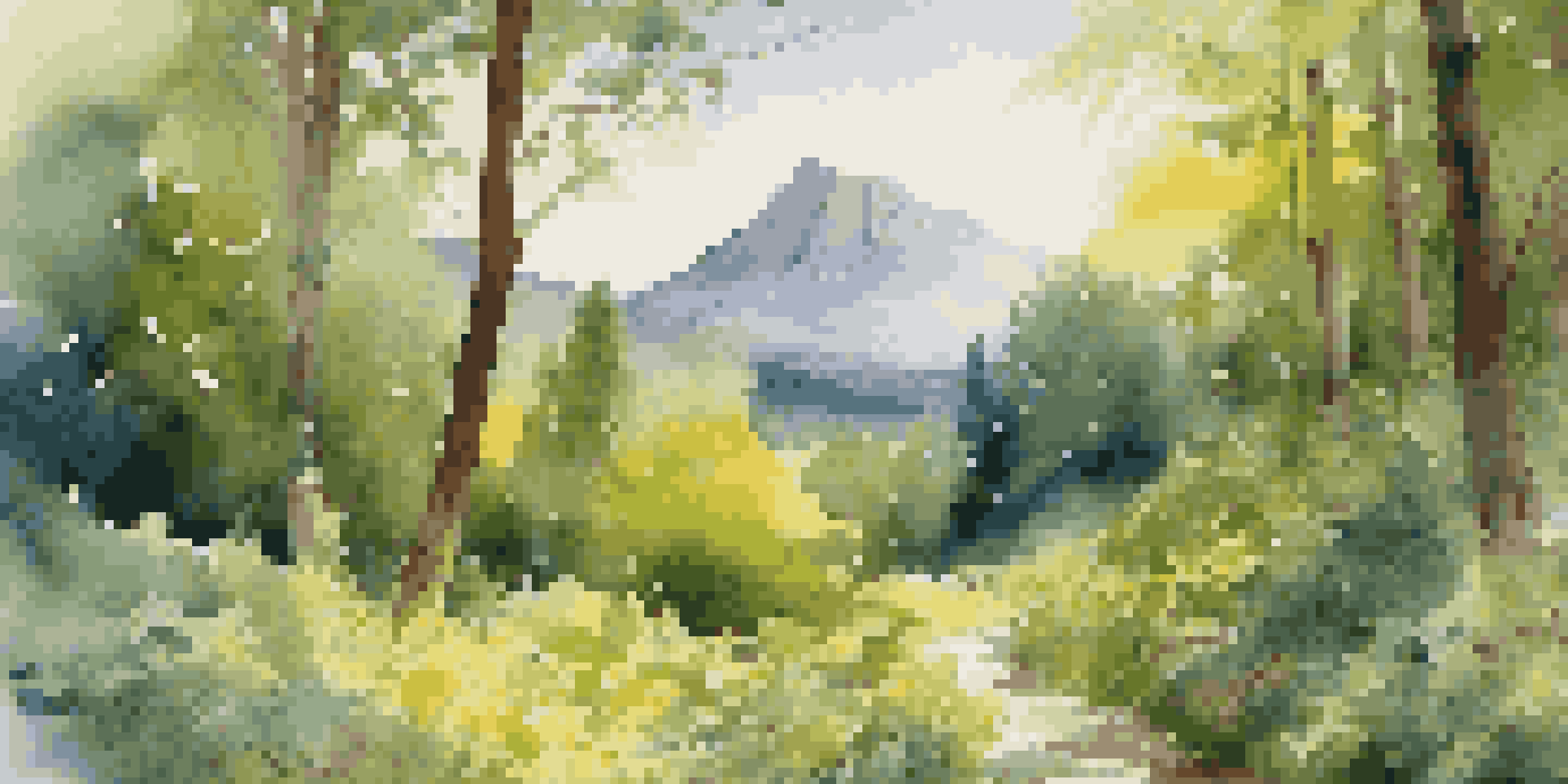 A winding path in a green forest with sunlight filtering through the leaves and a distant sacred mountain, surrounded by colorful wildflowers.