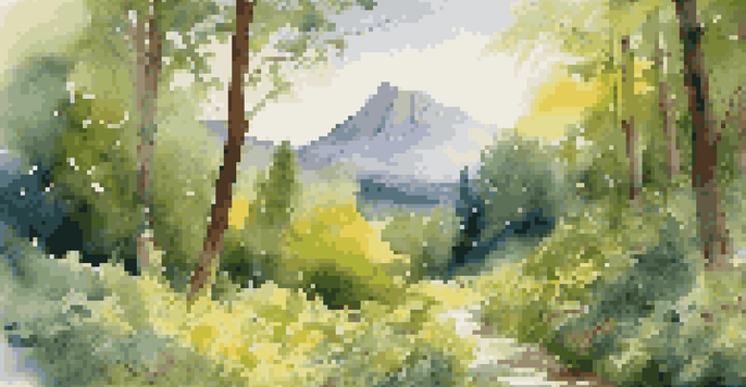 A winding path in a green forest with sunlight filtering through the leaves and a distant sacred mountain, surrounded by colorful wildflowers.