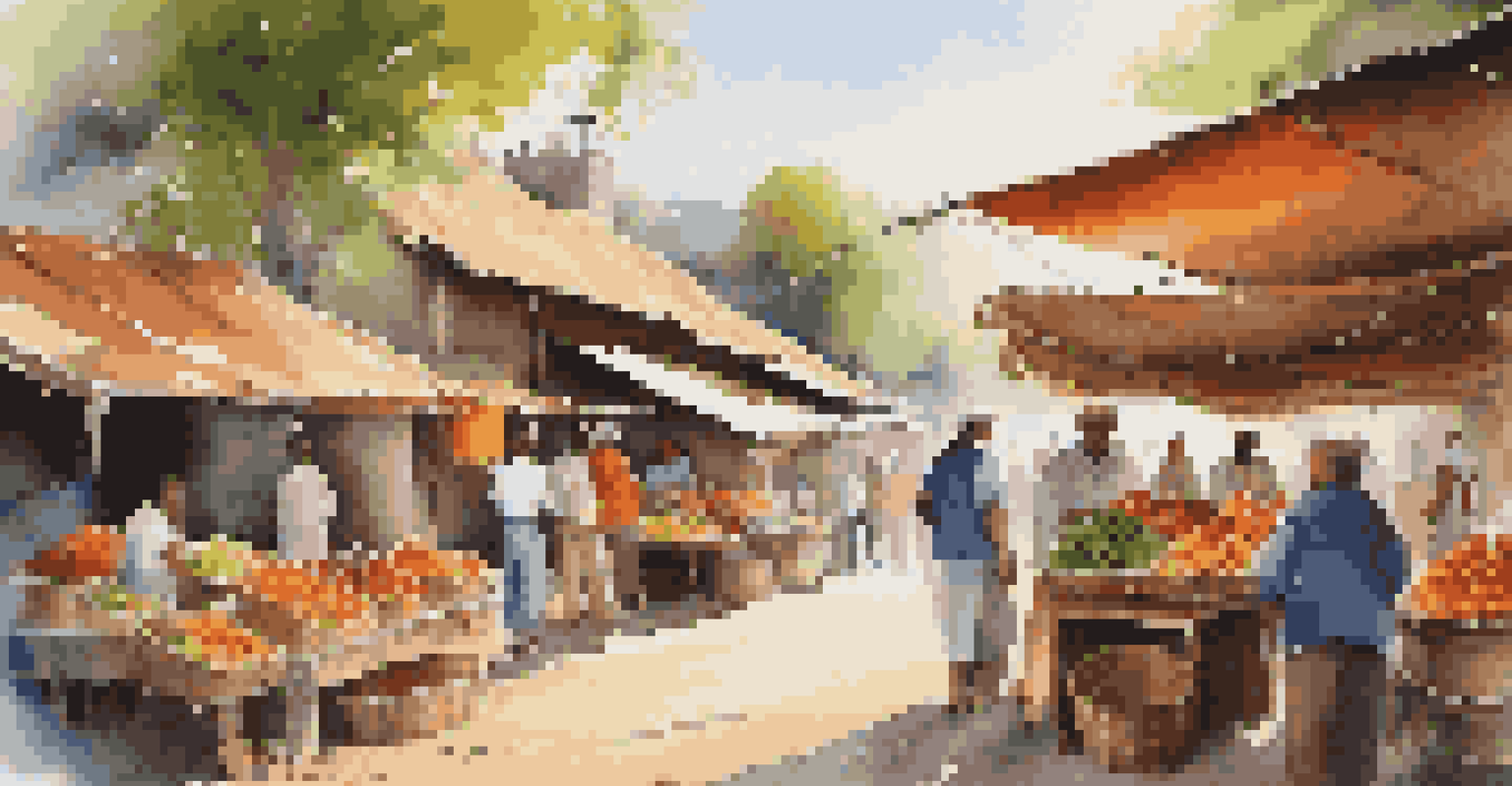 A vibrant outdoor market in a remote village with colorful stalls and locals interacting.