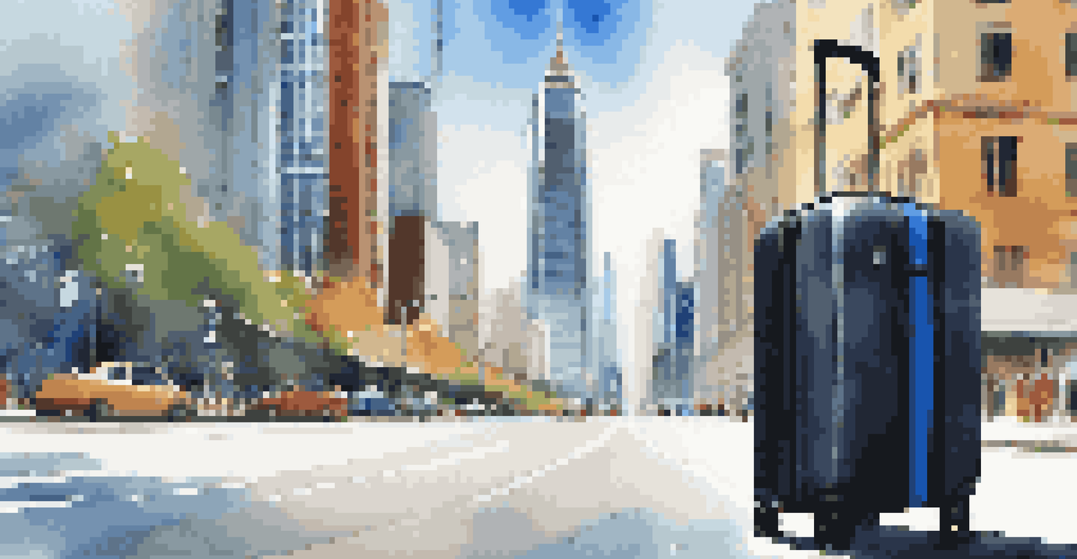 A smart luggage bag in front of a vibrant cityscape with skyscrapers, showcasing its modern features, under a bright blue sky.