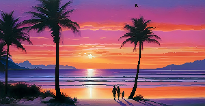 A picturesque beach at sunset with waves, palm trees, and a couple walking hand-in-hand.