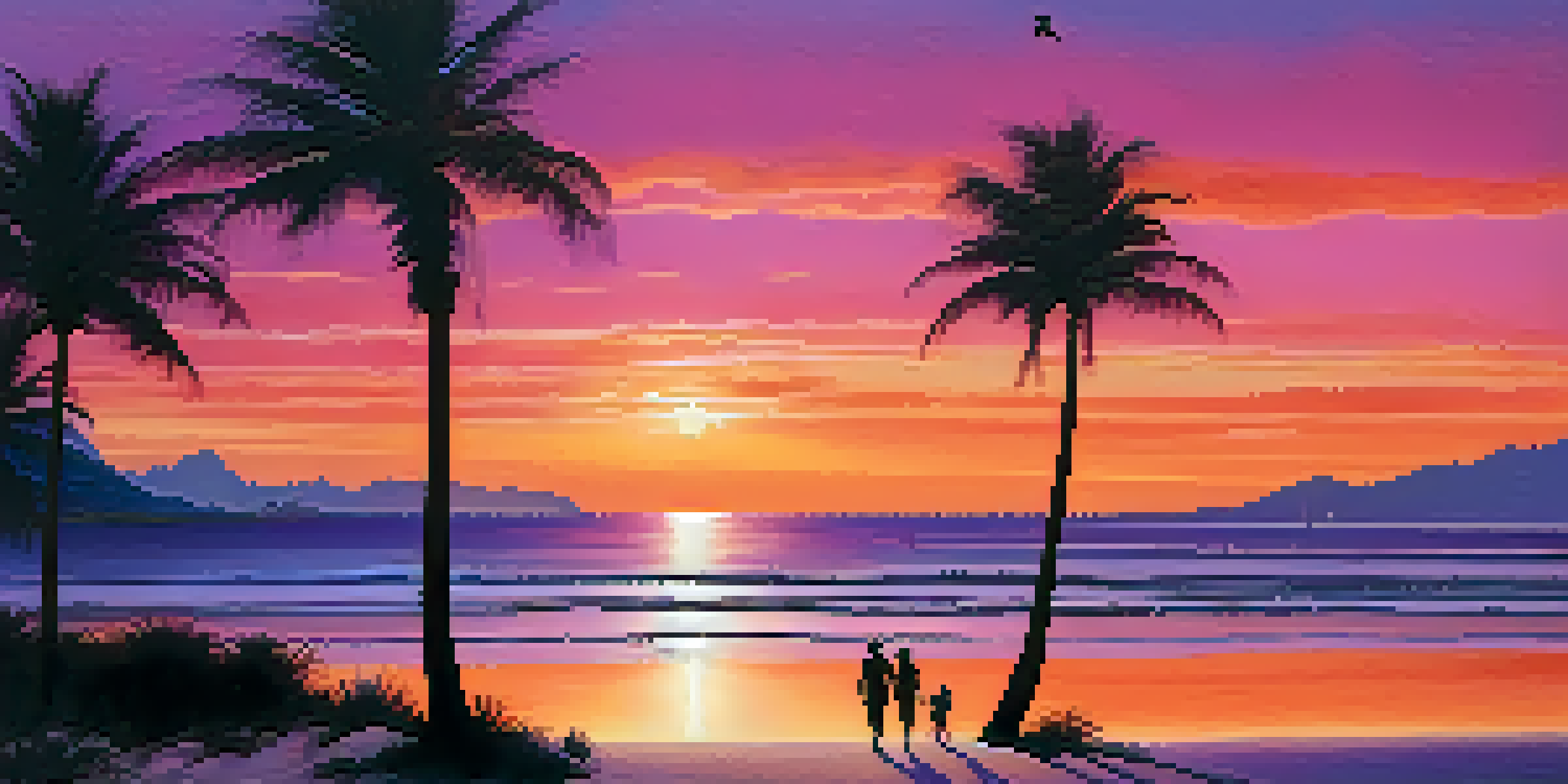 A picturesque beach at sunset with waves, palm trees, and a couple walking hand-in-hand.