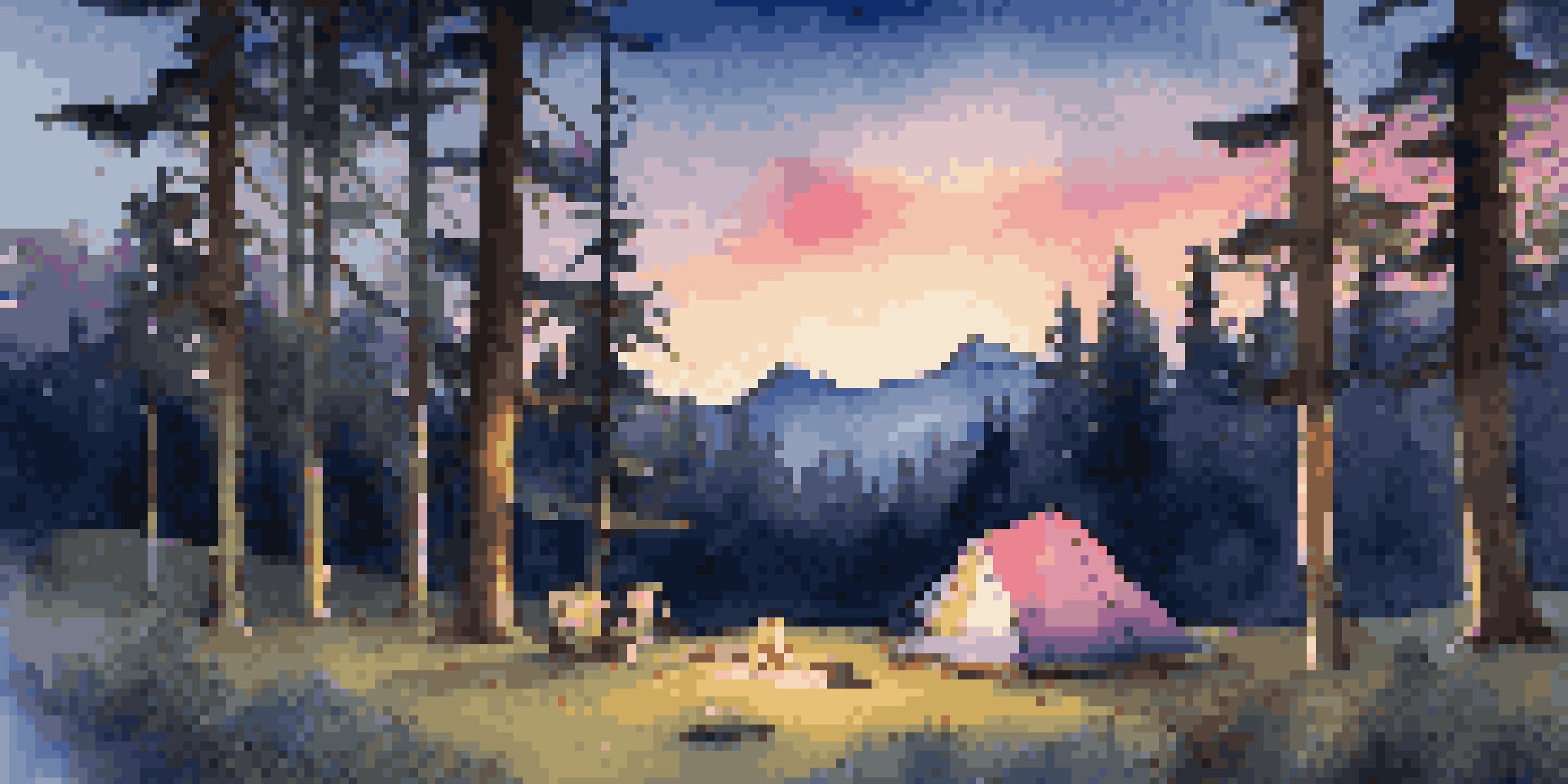 A camping scene at dusk with a tent, lantern, campfire, and starry sky.