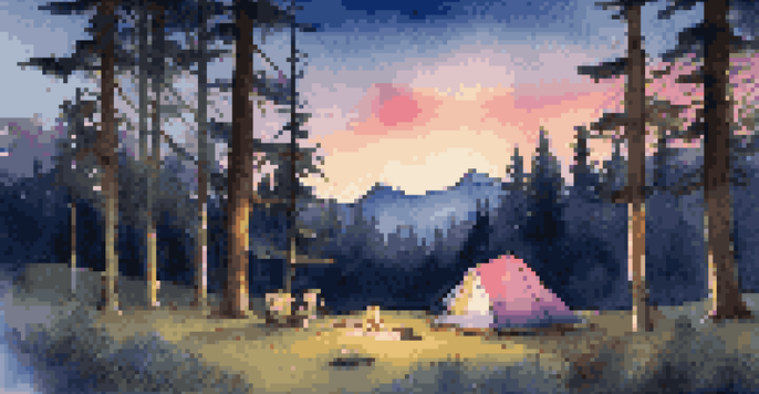 A camping scene at dusk with a tent, lantern, campfire, and starry sky.