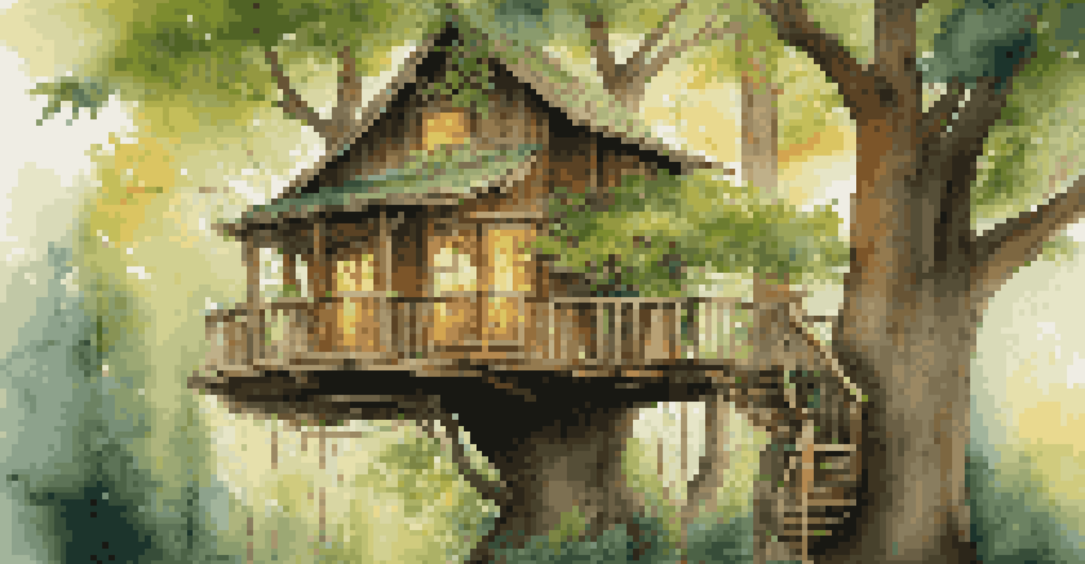 A charming treehouse surrounded by trees, with a cozy interior and soft lighting peeking through large windows.