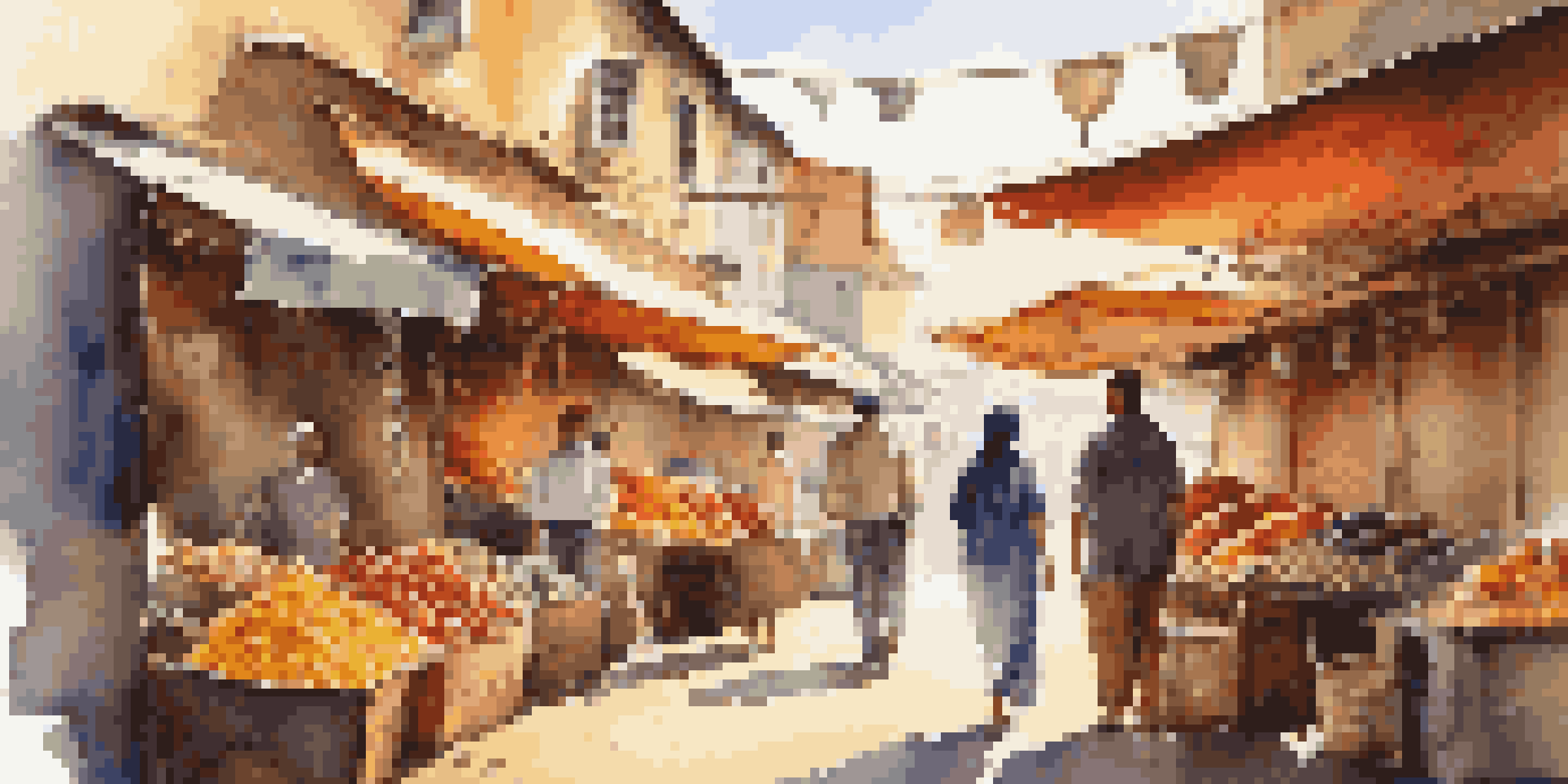 A couple smiling and exploring a colorful street market filled with fruits and crafts under warm sunlight.