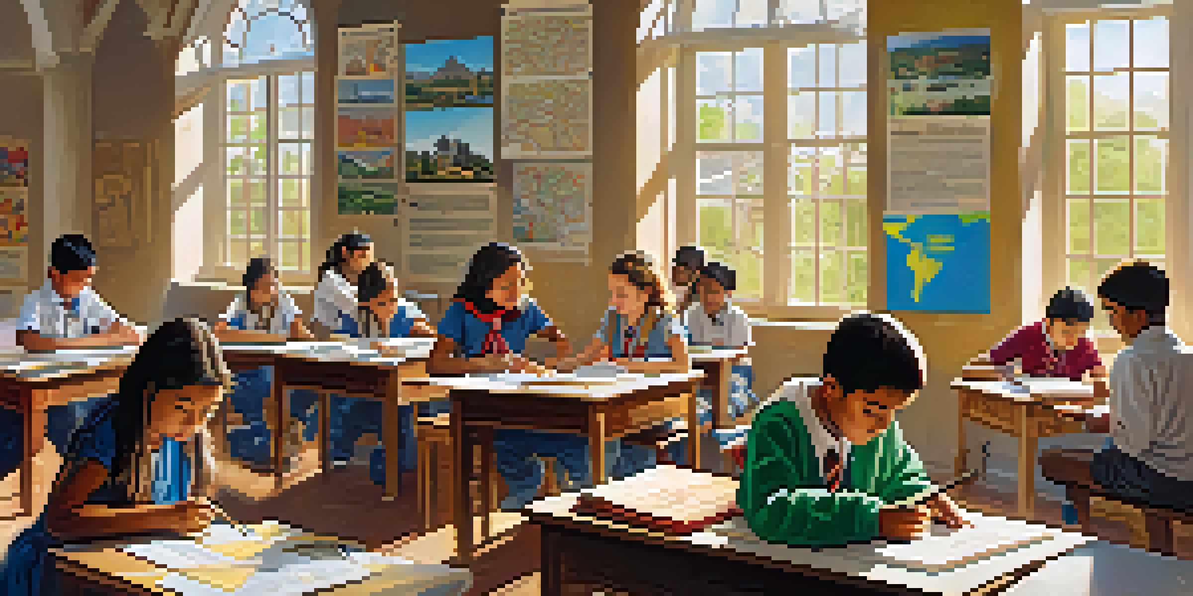 A diverse group of students in a bright classroom, collaborating on a project about global cultures, with maps and cultural artifacts around them.