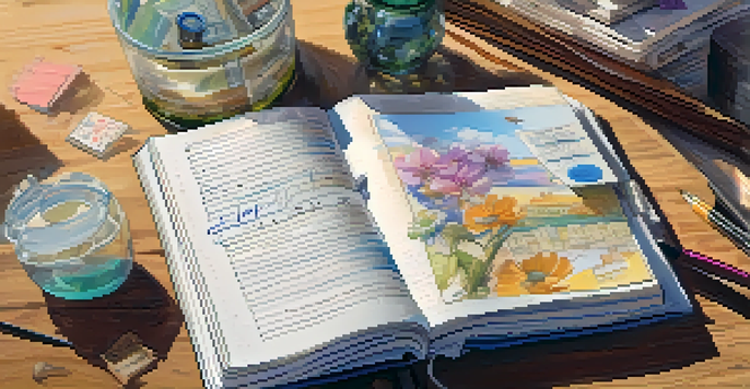 An open travel journal displaying colorful drawings and notes, surrounded by ticket stubs and pressed flowers, with sunlight illuminating the scene.