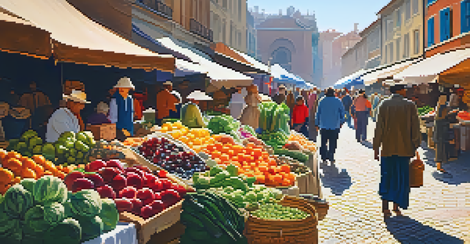 A lively local market filled with fresh produce and colorful stalls, with shoppers and vendors interacting under a colorful canopy.