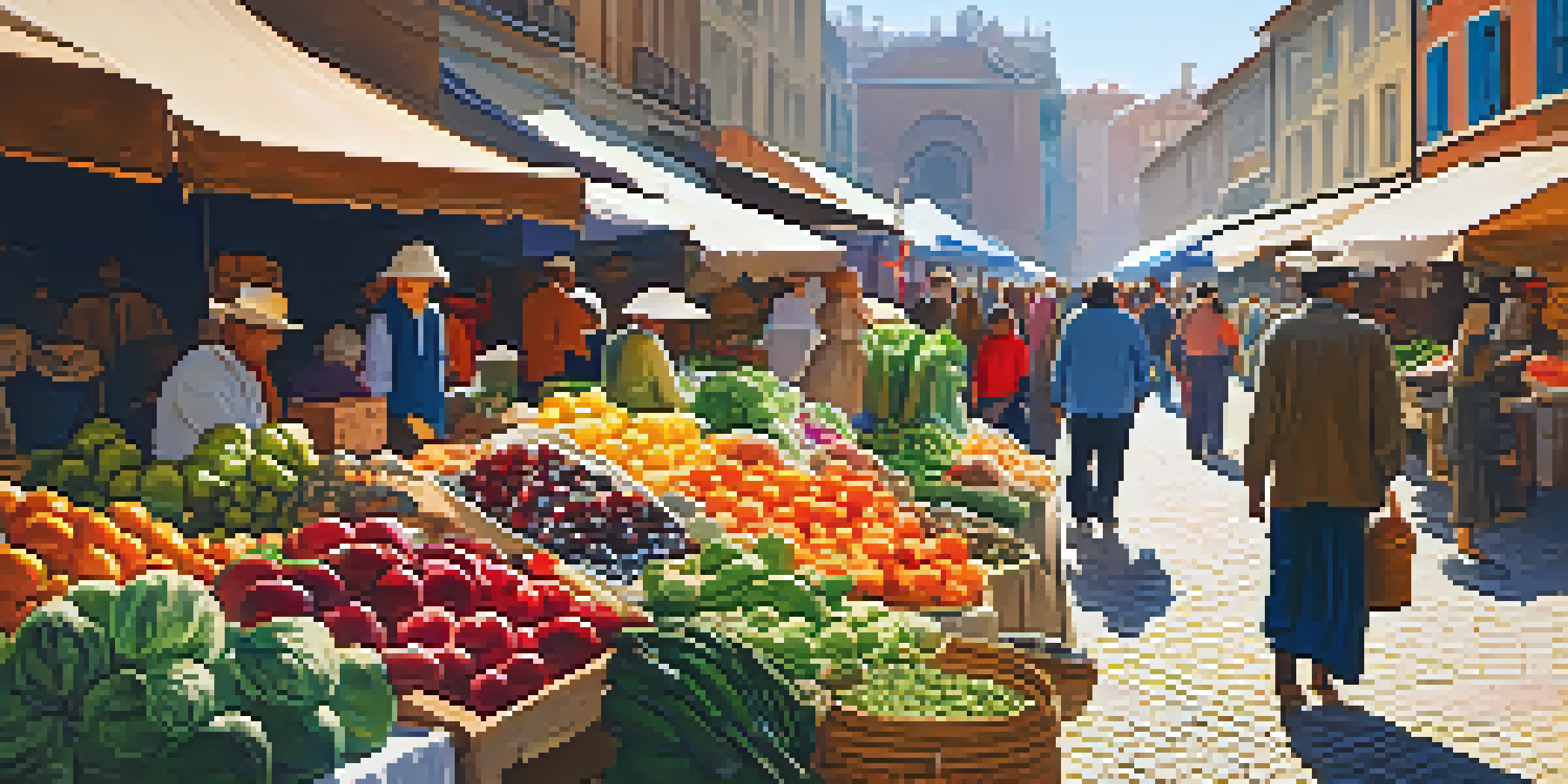 A lively local market filled with fresh produce and colorful stalls, with shoppers and vendors interacting under a colorful canopy.