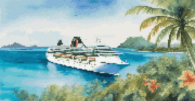 A cruise ship on turquoise waters with passengers on the deck and tropical islands in the background.