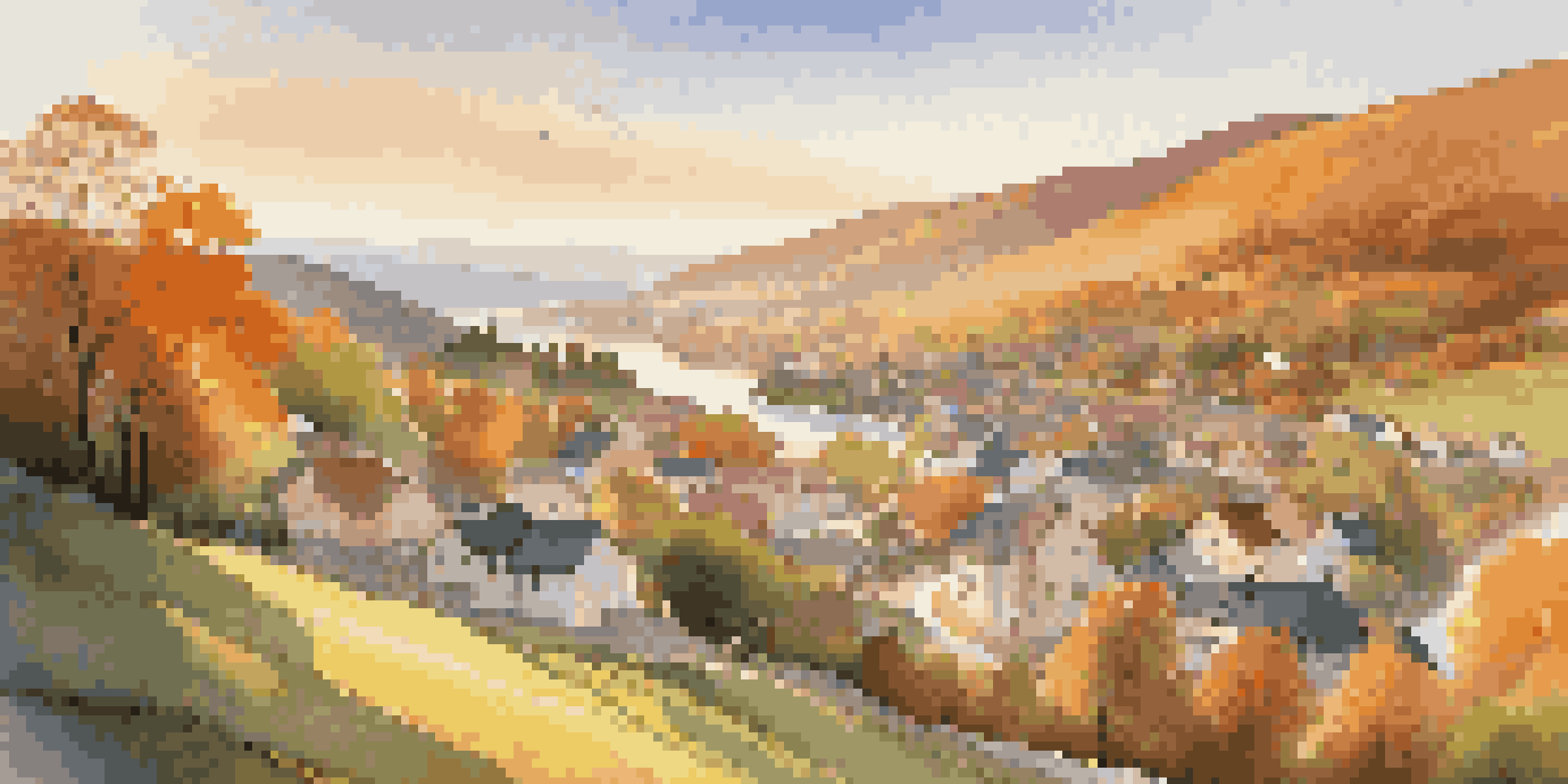 A picturesque village in a lush valley during sunset, with colorful houses, a winding river, and rolling hills in the background.