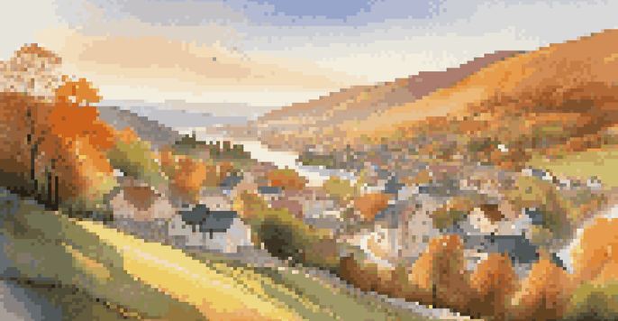 A picturesque village in a lush valley during sunset, with colorful houses, a winding river, and rolling hills in the background.