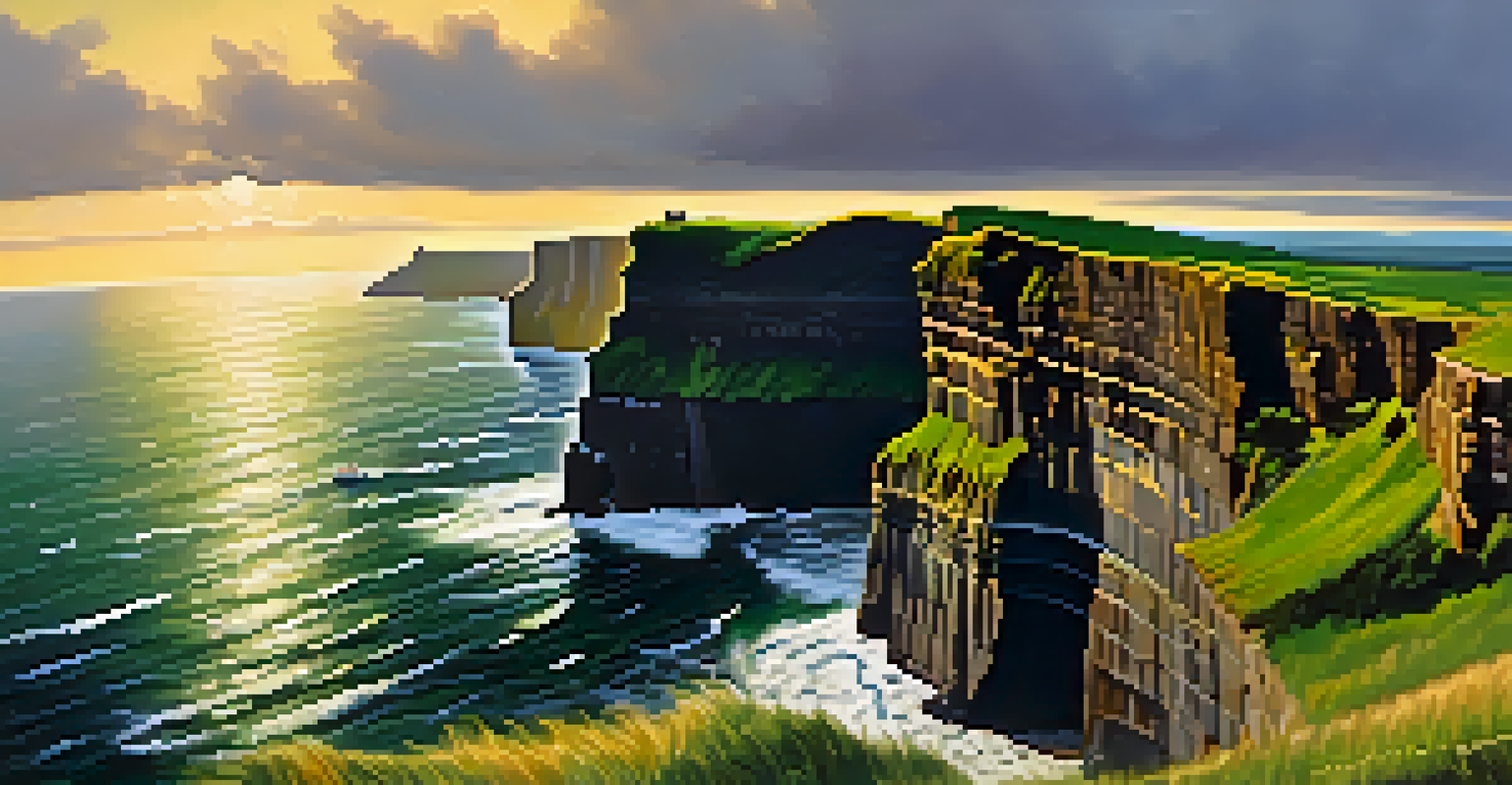 The Cliffs of Moher at sunset, with waves crashing against the cliffs and a vibrant sky.