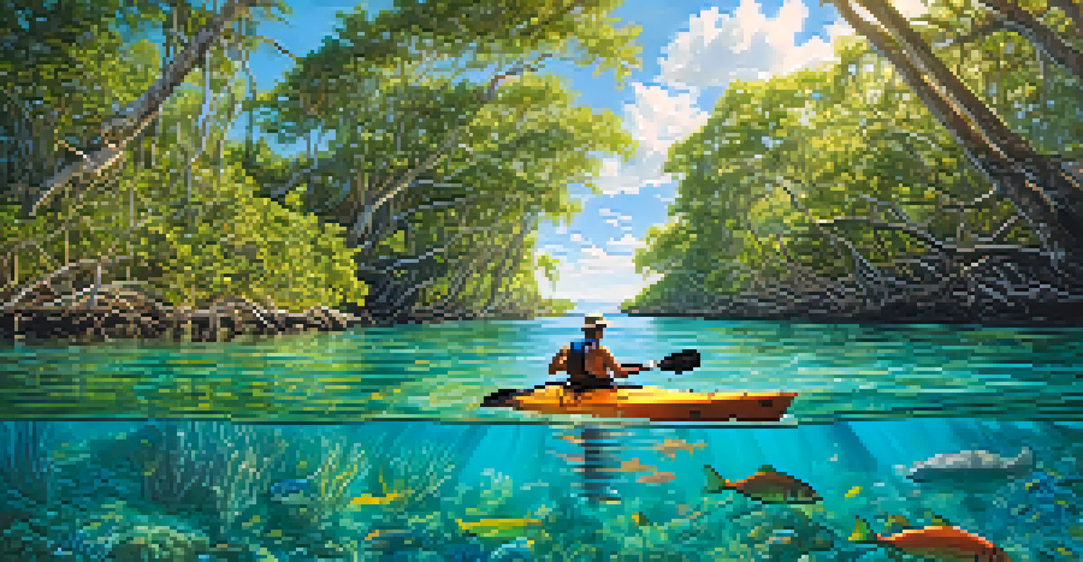 A kayaker exploring mangroves in the Florida Keys with clear water and coral reefs.