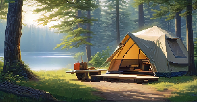 A peaceful camping scene with a tent by a lake, surrounded by trees and a picnic table.