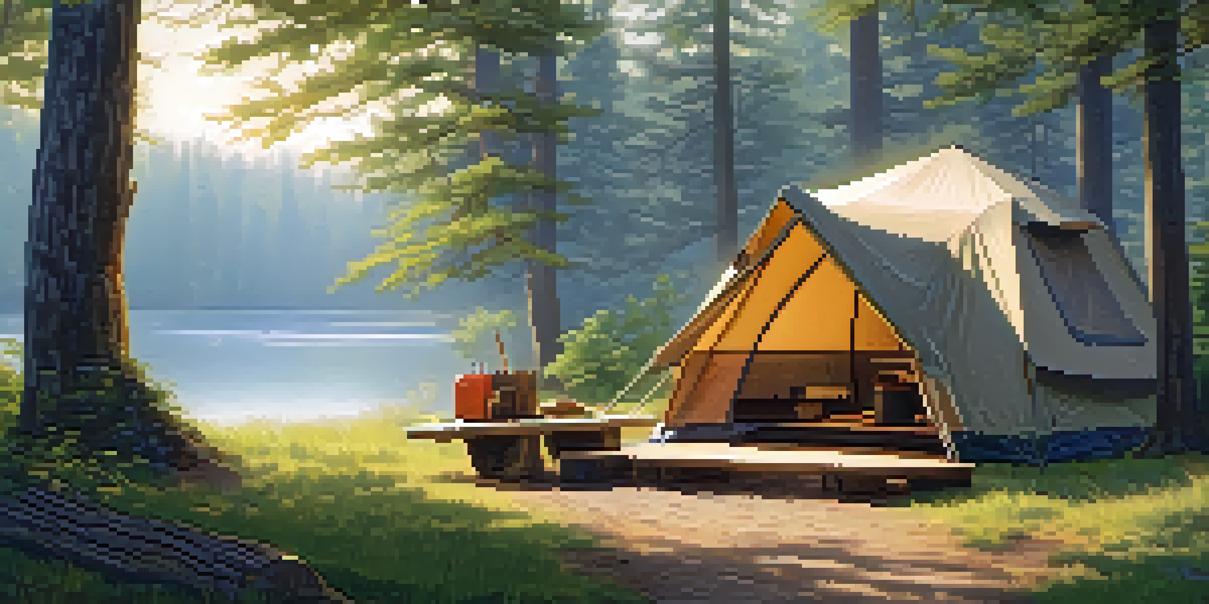 A peaceful camping scene with a tent by a lake, surrounded by trees and a picnic table.