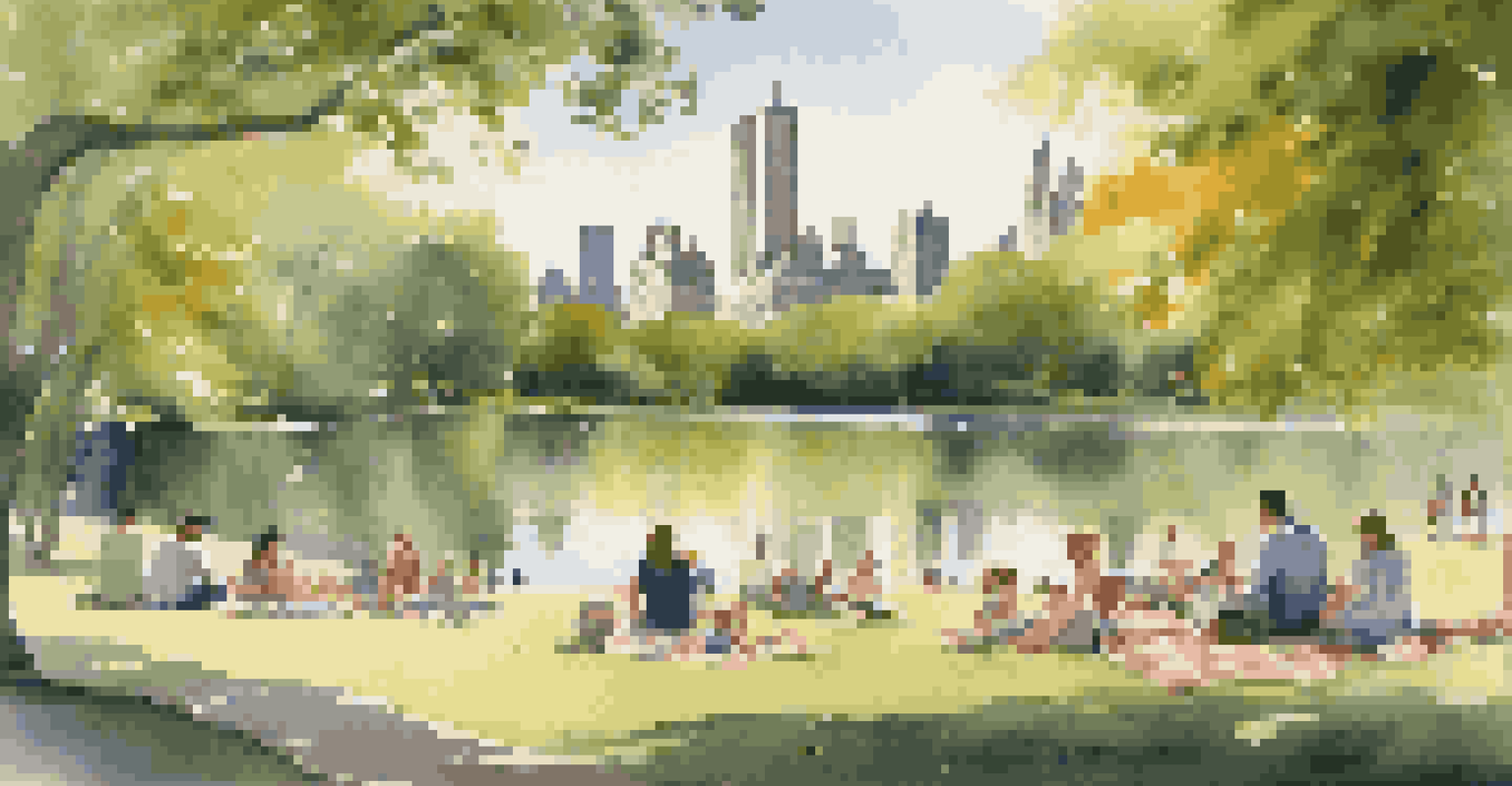 A family enjoying a picnic in Central Park with children playing and trees surrounding them.