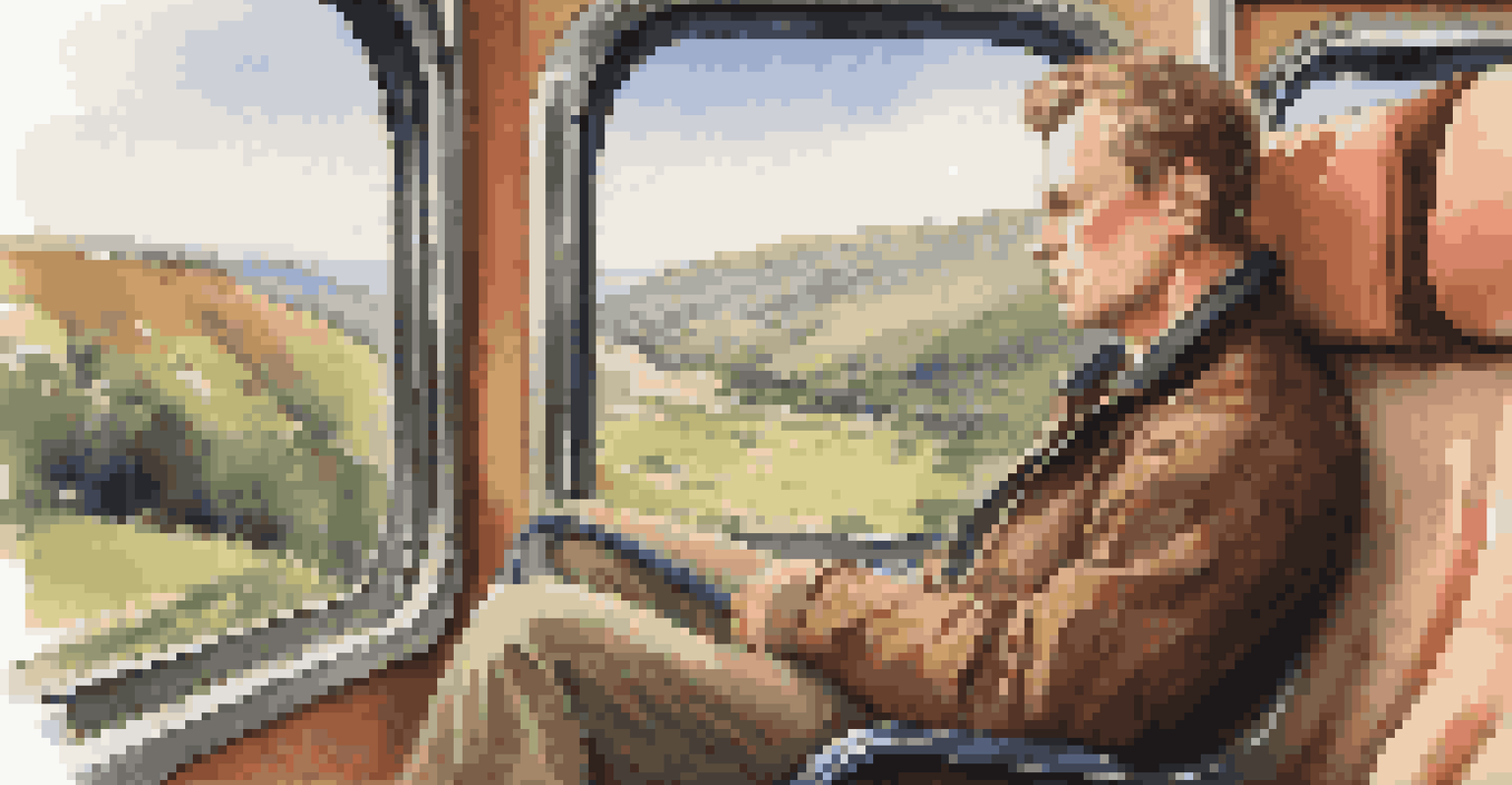 An overhead view of a traveler looking out of a train window at scenic landscapes with a cozy train interior.