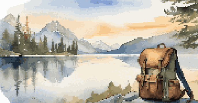 A peaceful mountain landscape at sunrise with a lake reflecting the sky, a backpack, a map, and a travel journal in the foreground.