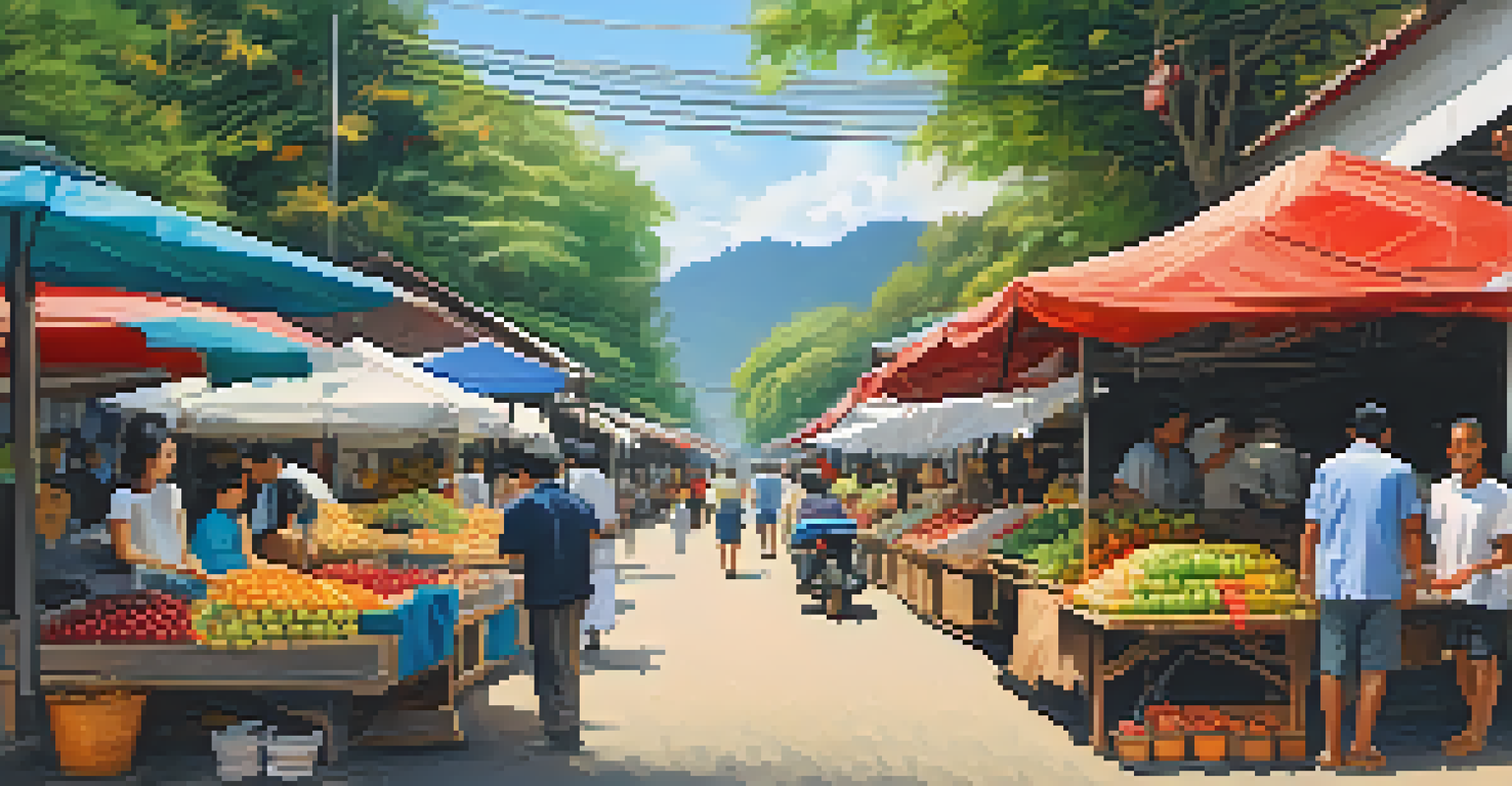 A vibrant street market in Chiang Mai, featuring colorful fruit stalls, locals interacting, and a digital nomad working on a laptop.