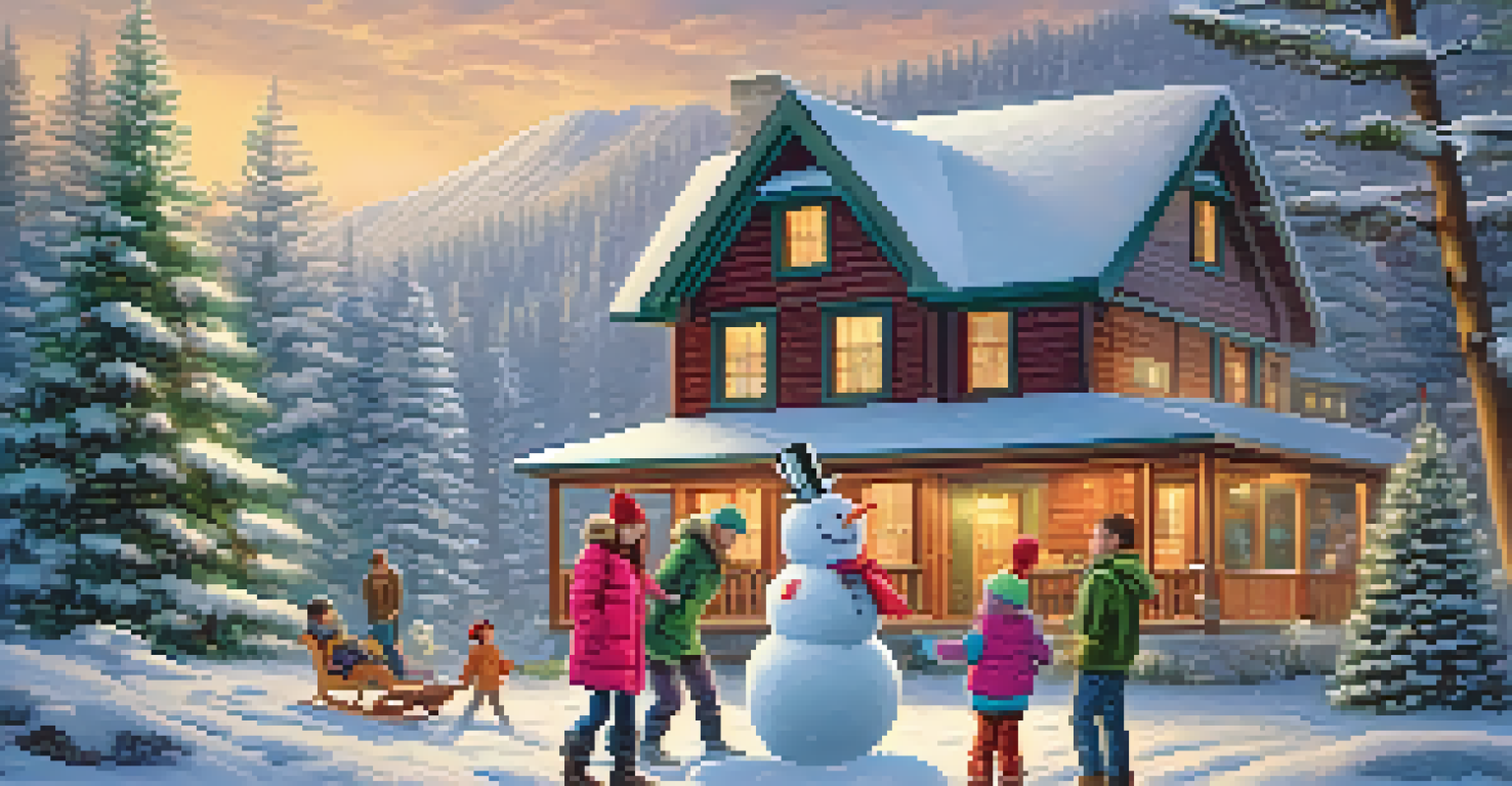 A family building a snowman in a snowy park, surrounded by falling snowflakes and evergreen trees.