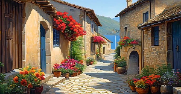 A traveler exploring an ancient village with traditional stone houses and colorful flowers in the sunlight.