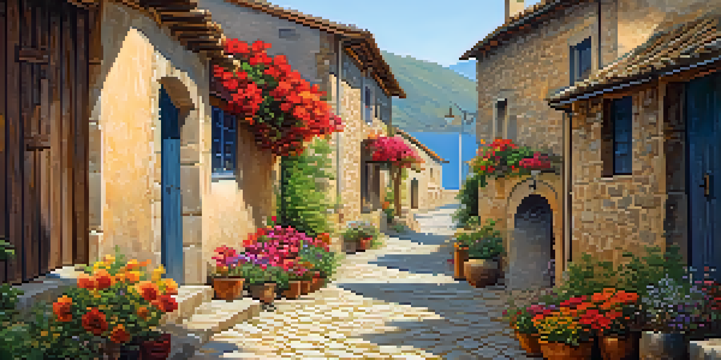 A traveler exploring an ancient village with traditional stone houses and colorful flowers in the sunlight.