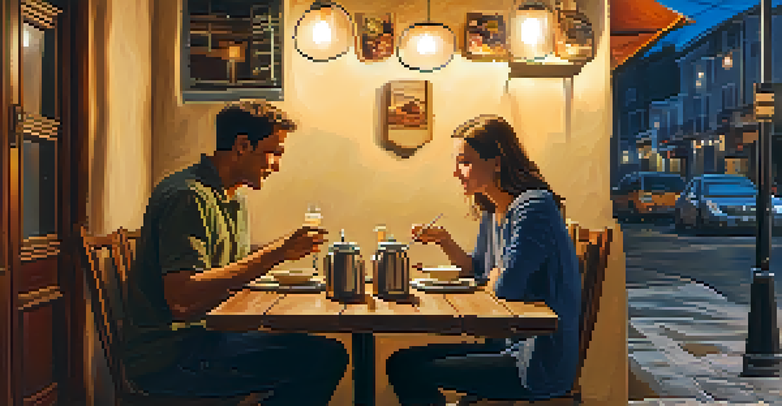 Two travelers enjoying a meal at a cozy café, sharing stories over a table with local cuisine, illuminated by warm lights.