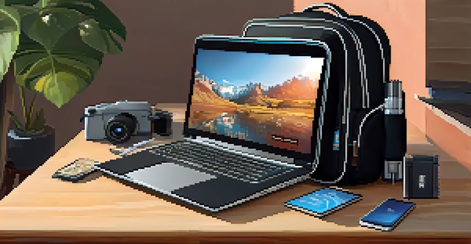 A black travel backpack on a wooden table, organized with tech gear and illuminated by sunlight, with a travel map in the background.