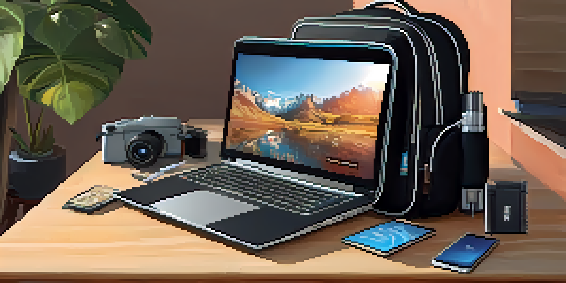 A black travel backpack on a wooden table, organized with tech gear and illuminated by sunlight, with a travel map in the background.