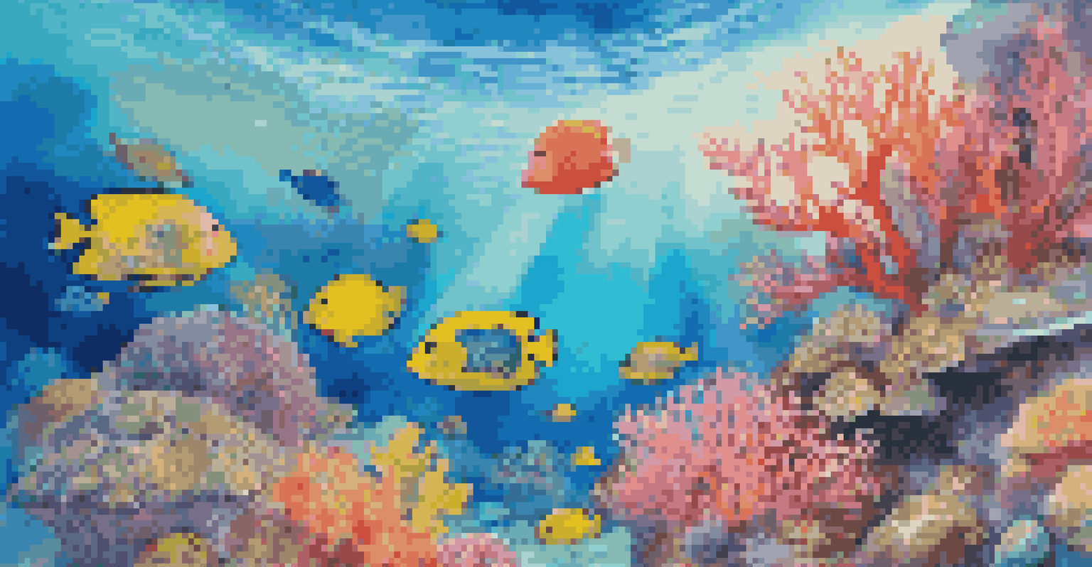 An underwater coral reef with colorful fish and corals, illuminated by sunlight filtering through the water.