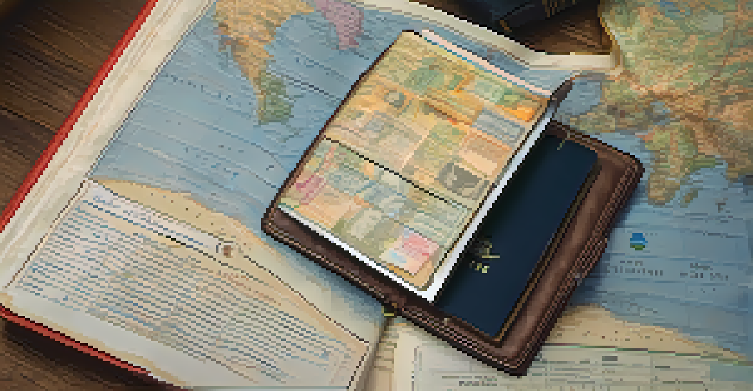 An open travel wallet showing important documents and currency, set against a travel-themed background with a globe and map.