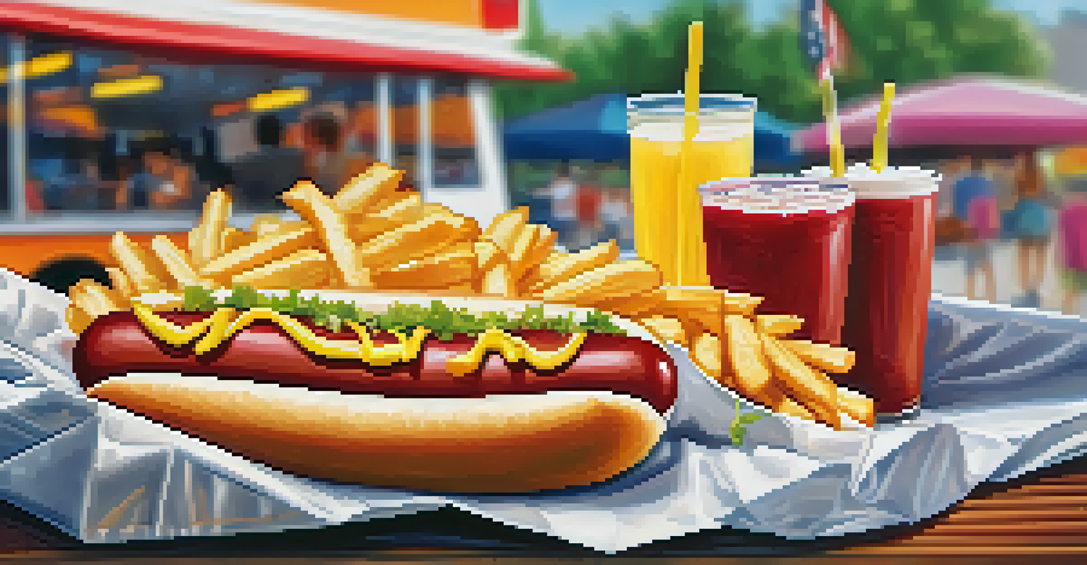 A gourmet hot dog meal from a food truck, with fresh toppings, crispy fries, and a drink, set against a blurred backdrop of a sports venue.