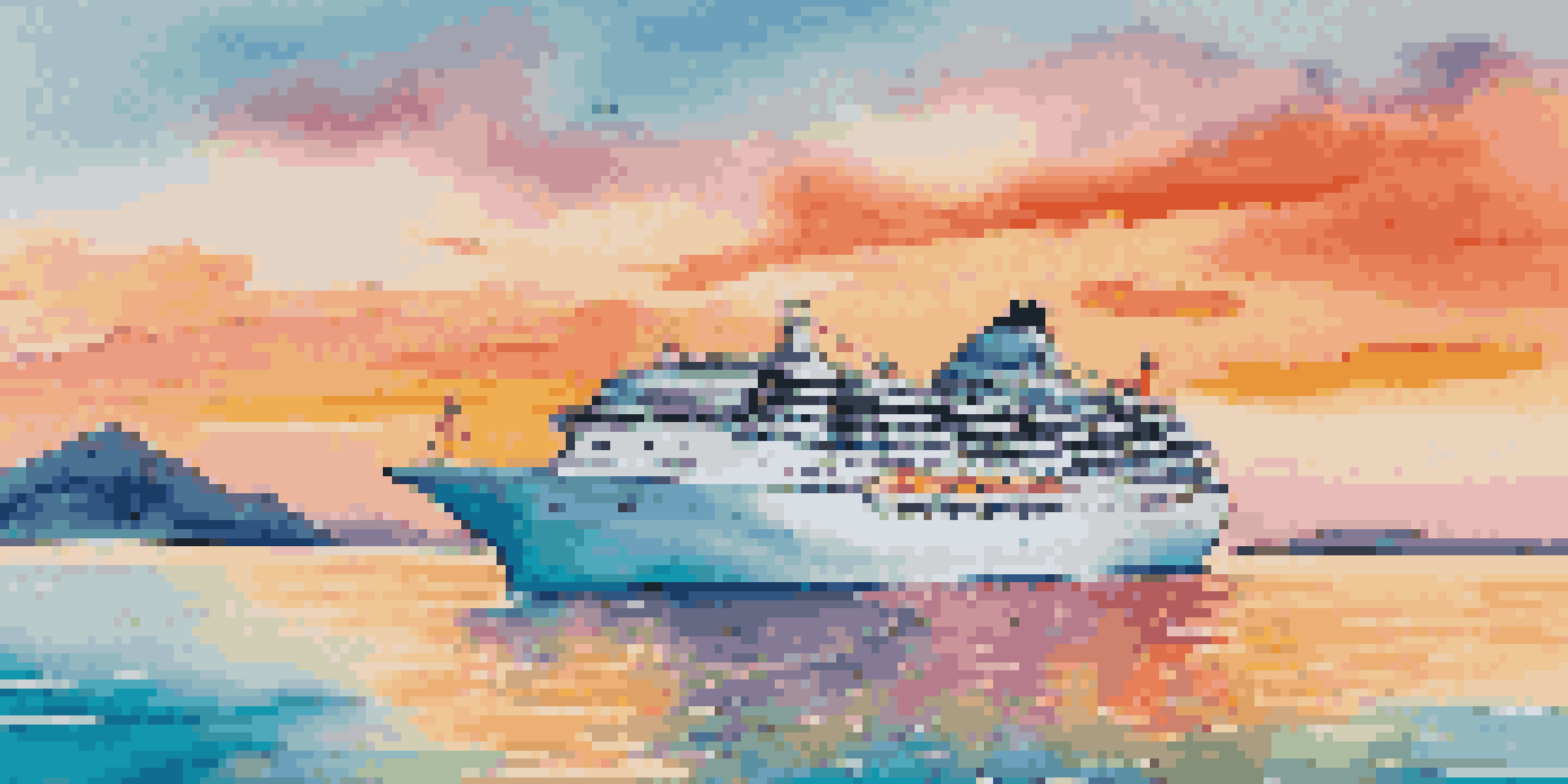 A cruise ship sailing on calm turquoise waters during sunset, with colorful flags and passengers on deck, and a distant island in the background.