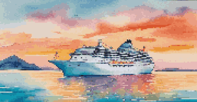 A cruise ship sailing on calm turquoise waters during sunset, with colorful flags and passengers on deck, and a distant island in the background.