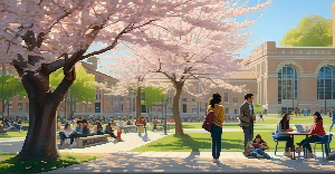 A lively university campus with students of diverse backgrounds discussing under cherry blossom trees, bathed in warm sunlight.