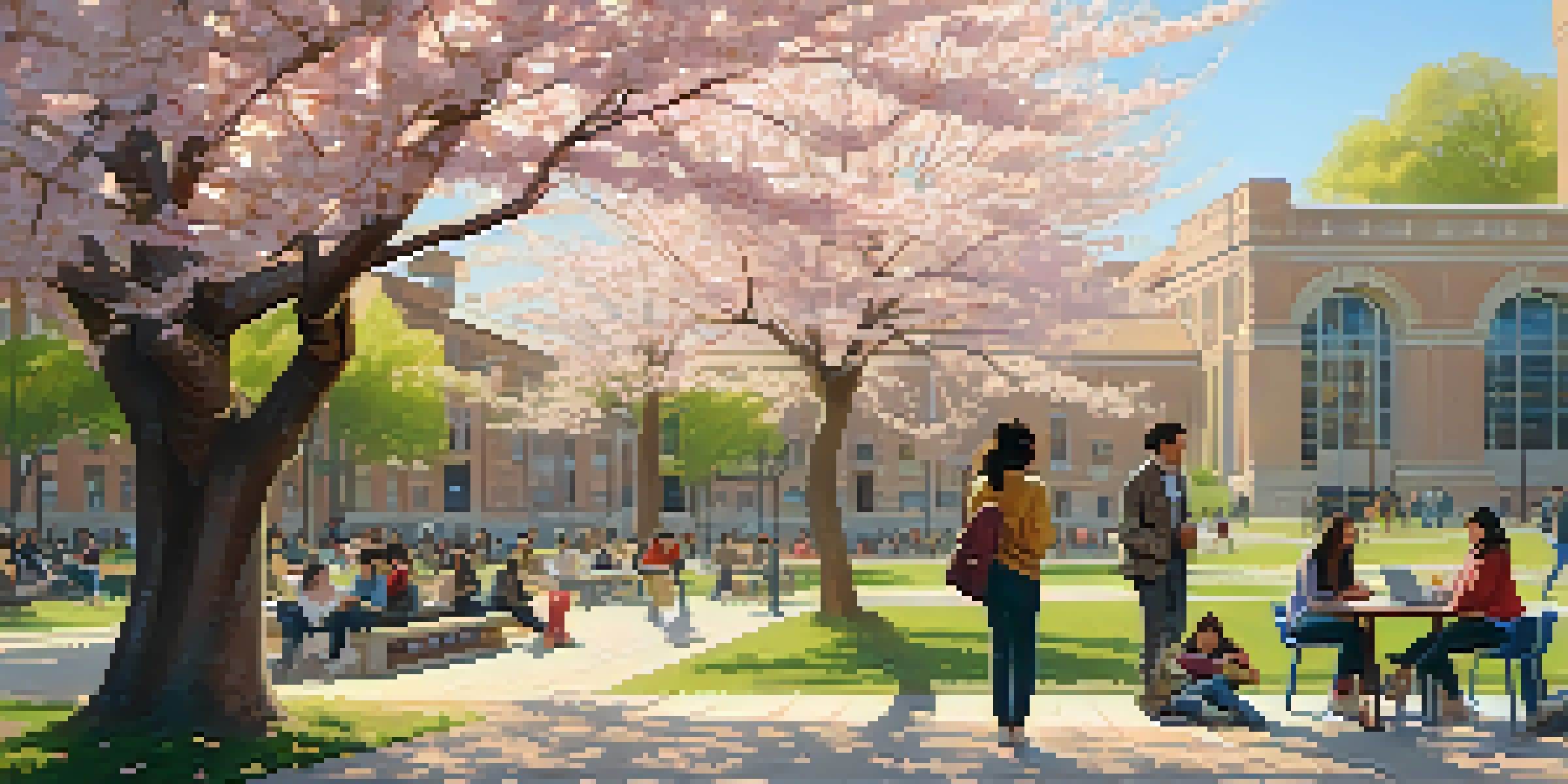 A lively university campus with students of diverse backgrounds discussing under cherry blossom trees, bathed in warm sunlight.