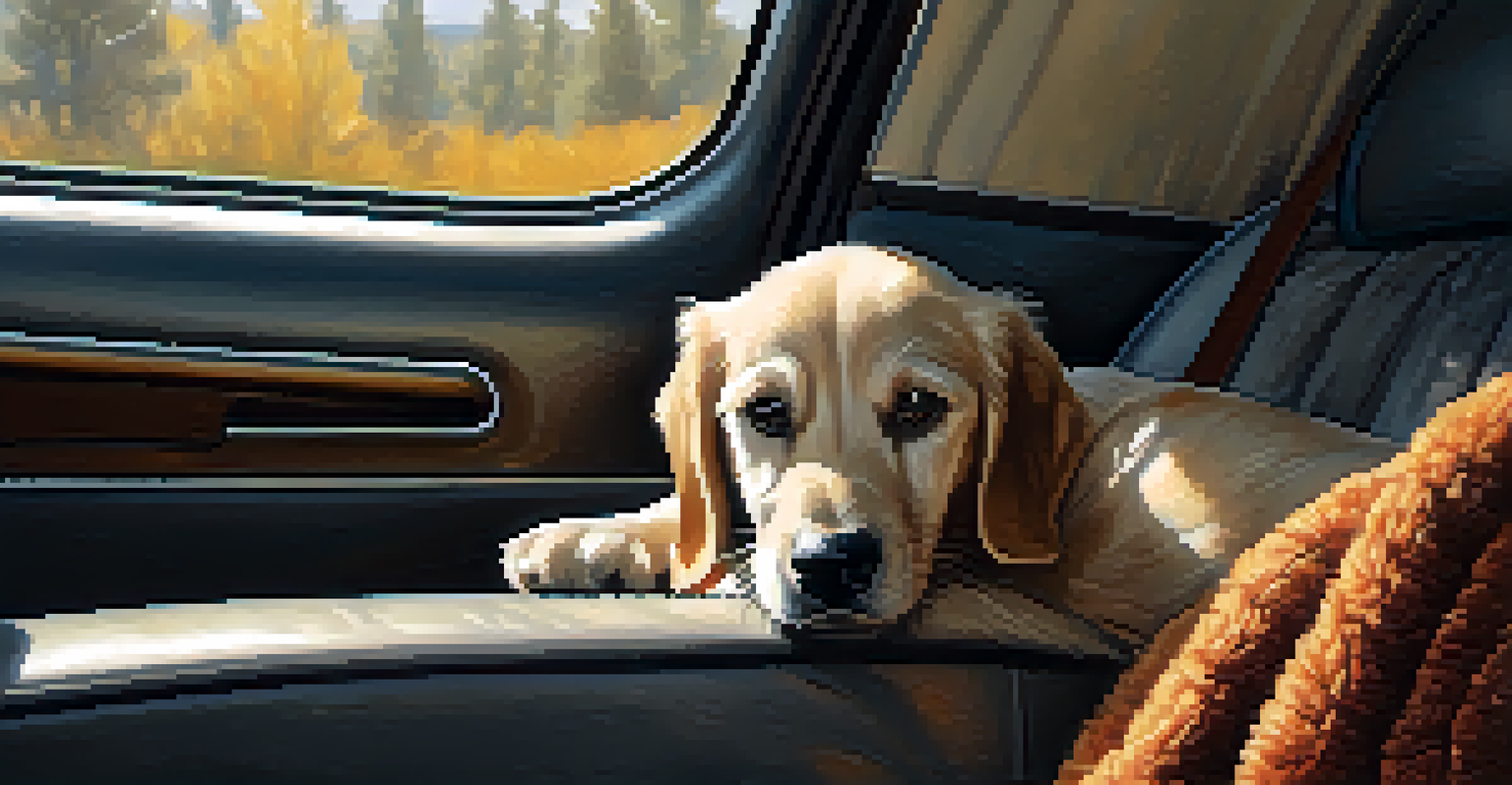 A dog sitting comfortably in a car, secured with a seat belt, looking out the window with sunlight illuminating its fur and a cozy blanket around it.