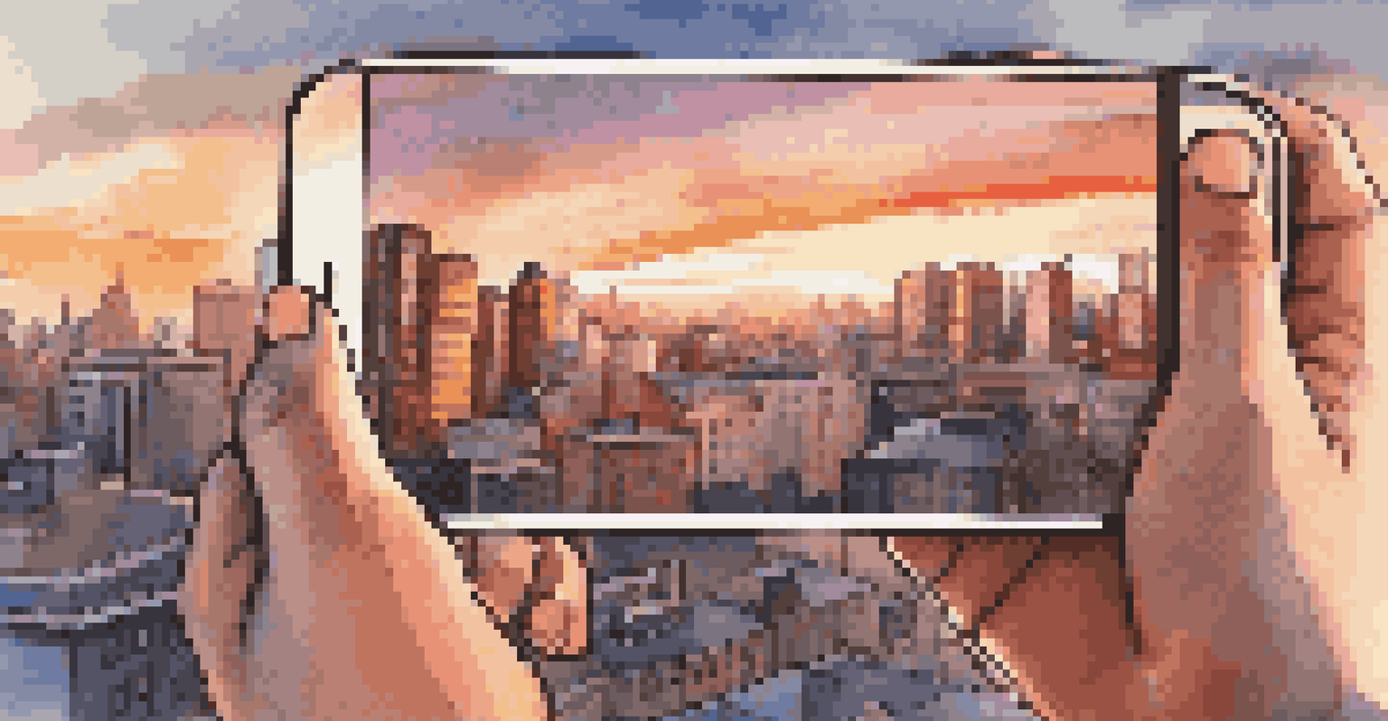 A close-up of a hand holding a smartphone to capture a scenic sunset view over a bustling city.