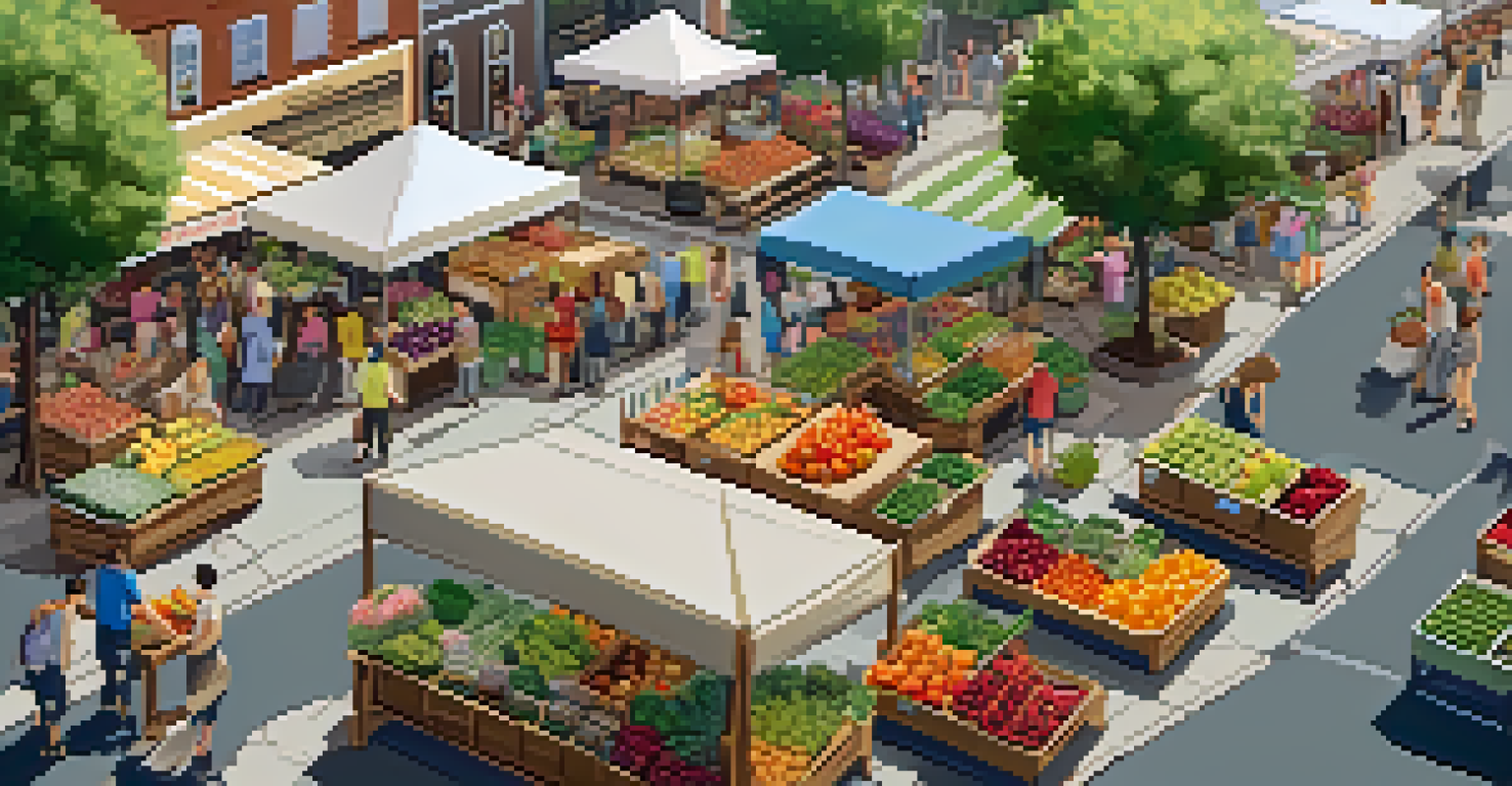An overhead view of a farmer's market filled with fresh produce and vendors interacting with shoppers, surrounded by greenery.