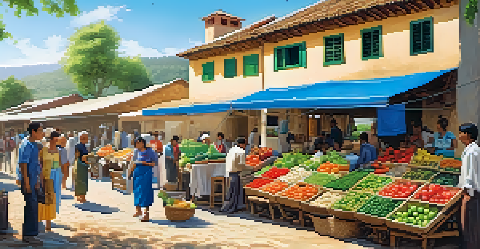 Local market scene with travelers buying fresh produce from colorful stalls, outside an eco-friendly accommodation under a blue sky.