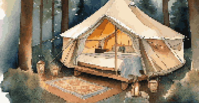 A cozy glamping tent illuminated by fairy lights in a green forest during sunset, featuring a comfortable bed and a gourmet meal on a table.